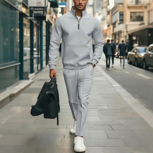 Men's Tracksuits Autumn Waffle Solid Color Stand-Up Collar Pocket Half Zipper Long-Sleeved Sweatshirt And Long Pants Set For Men