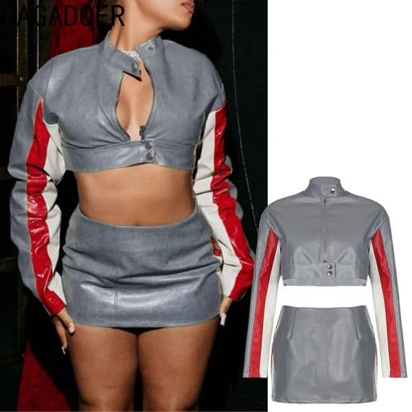 FAGADOER Leather Two Piece Set For Women Sexy Punk Moto Color Block Buttons Crop Jacket High Waist Mini Skirt Y2K Streetwear 250904BJ