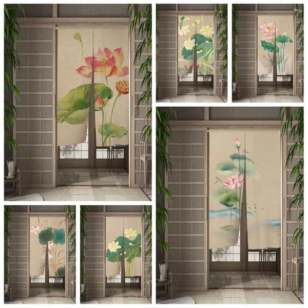 Curtain Japanese Split Door Spring Lotus Flower Plant Partition Kitchen Bedroom Restaurant Entrance Decor Drapes Linen Curtains