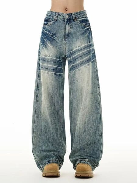 Mens Fashion Baggy Jeans Vintage Blue Personality Youth Streetwear Wide Leg Pants Korean High Street Male Denim Trousers 250904BJ