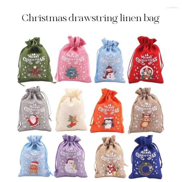 Gift Wrap 10pcs Christmas Linen Drawstring Bag Pattern Candy Small Hand Jewelry Bracelet Apple