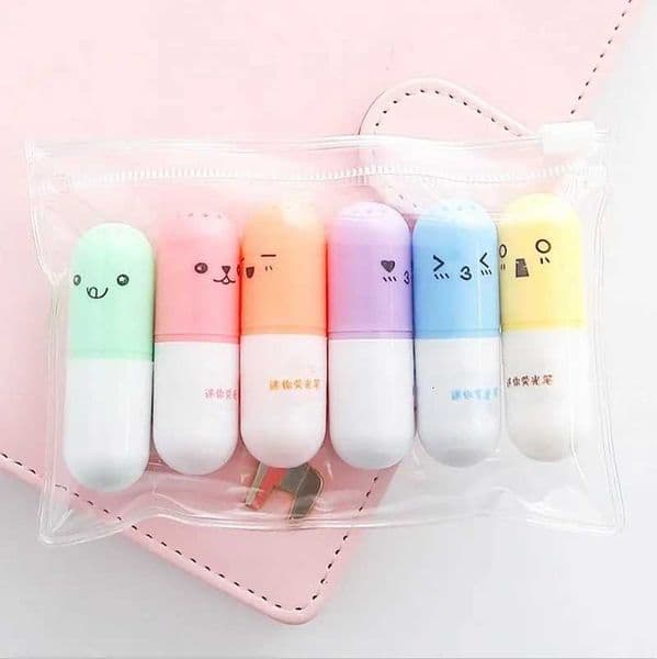 6 Pcslot Mini Capsules Highlighter Pen Vitamin Pill Highlight Marker Color Pens Stationery Office School Base For Markers X250904