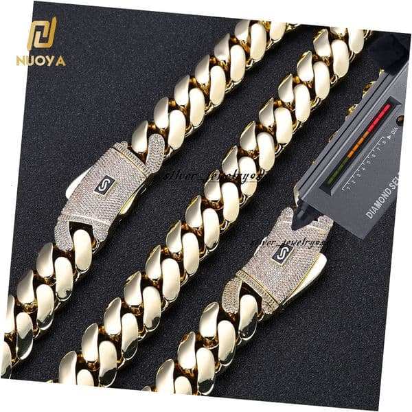 NUOYA High Quality 14K Monaco Chain 925 Silver Cuban Link Necklace Iced Out VVS Moissanite Clasp Smooth Cuban Chain Jewelry