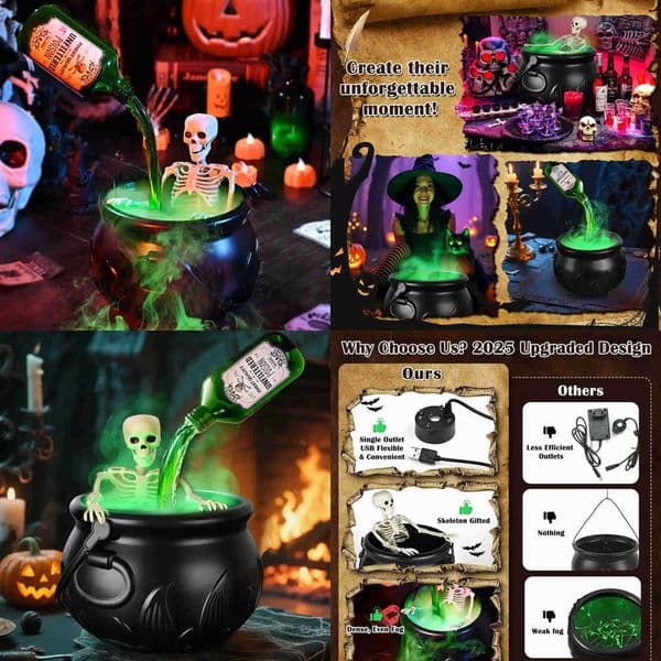 Halloween WitchCauldron with LED Light Fog Mist Maker Skeleton Decor for Spooky Hocus Pocus Party Home Halloween Party T250903MQBB