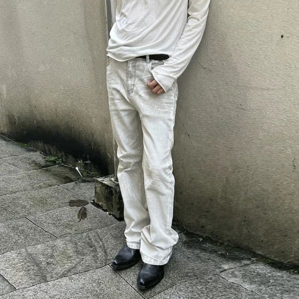 High Street Stripe Coating White Gray Mens Washed Denim Flare Jeans Vintage Bootcut Jeans Y2k Slim Fit Fashion Casual 250904BJ