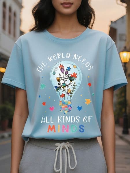 Large XL Women's Autism Awareness Neurodiversity Graphic Print T-Shirt The World Needs All Kinds of Minds Light Bulb Floral Plus Size