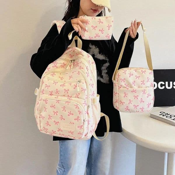 School Bags 3 Pcs/Set Schoolbag High Student Girl Bag Set Gentle Day Cute Floral Backpack Lazy Wind Bow