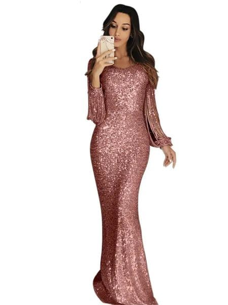Womens European and American Long Dress Evening Sleeve Tassel Dinner 250904BJ