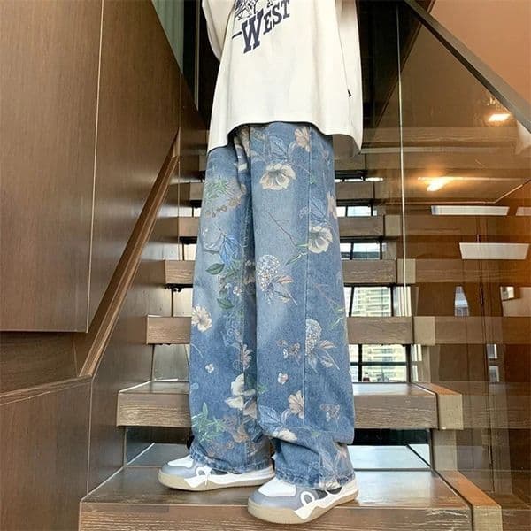 Autumn Floral Printed Jeans For Men Y2K Vintage Denim Pants Hip Hop Fashion Wideleg Baggy Jean Streetwear Trousers 250903BJ