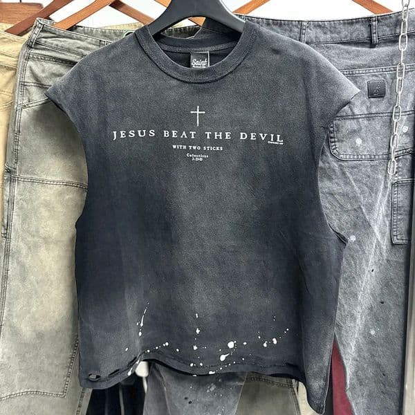Print Tank Top Men Women Splashed Ink Vest Vintage Washed Black Damaged Hole Sveless T Shirt L260529