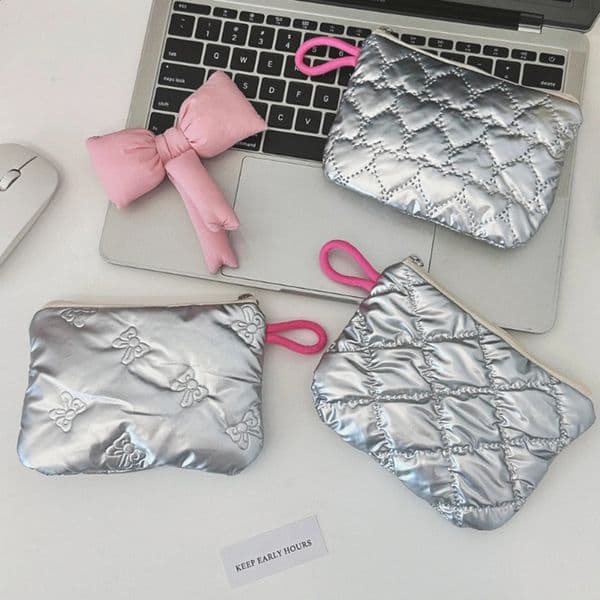 Silver Lingge Bow Pattern Coin Purses Small Canvas Coin Wallet Lady Girls Earphone Coin Key Money Storage Bag Zipper Pouch 250904BJ