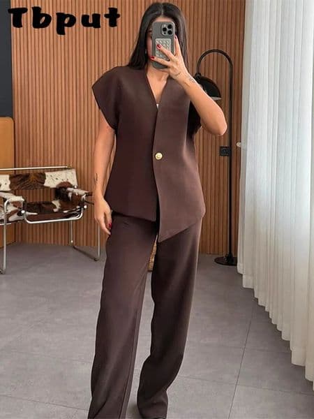 Womens Trouser Suit Solid Single Button Blazer High Waist Wide Leg Pants Female Suits Spring Summer 2 Pieces Outfits 250905BJ