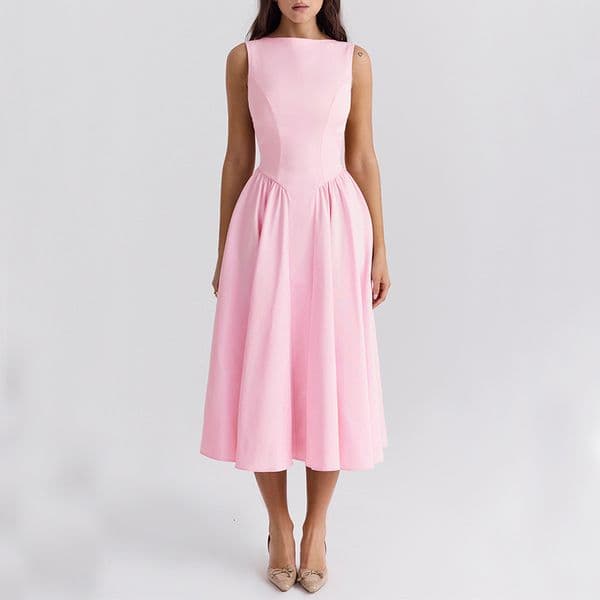 2025 Spring and Summer Womens New Round Neck Backless Solid Color HighEnd Fashion Dress