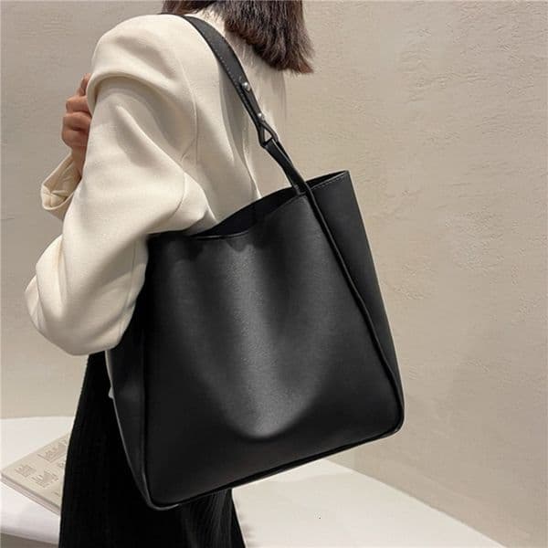 Simple Women Bucket Shoulder Bags Solid Color Handbags Retro Large Capacity Tote Pu Leather 250904BJ
