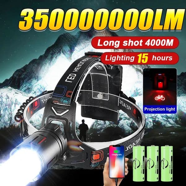 350000000 Ultra Powerful LED Headlamp Super Bright 4000M Head Flashlight Rechargeable Torch Fishing Hunting Headlight 18650 250904BJ
