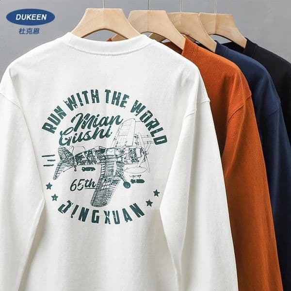 DUKEEN 11oz Heavyweight LongSleeve T Shirts for Men Vintage Fighter Print CrewRound Undershirts Casual 100 Cotton Tops 250904BJ