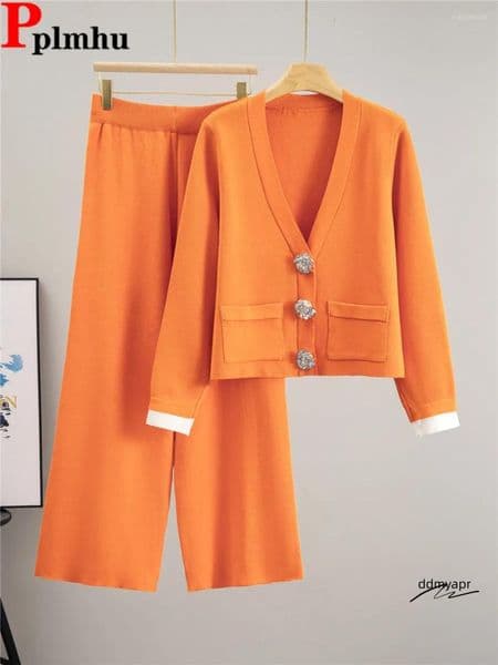 Women's Two Piece Pants Korean Design Knitted 2 Sets Women Big Button V-Neck Long Sleeve Cardigan Tops Conjuntos High Waist Wide ddmydec Leg Outfit