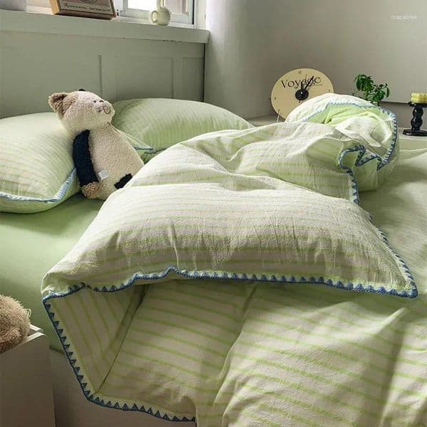 Bedding Sets Simple Striped Shell Edge Washed Cotton Fabric Cozy Fitted Sheet For Home Non Fading Bedclothes Set Single Bed