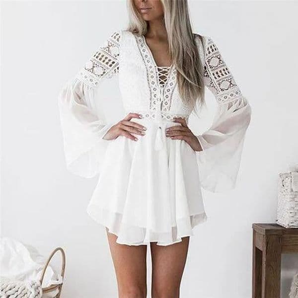 Hollow Out White Dress Sexy Women Mini Chiffon SemiSheer Checkered Plunge VNeck Long Sleeve Crochet Lace Black 250905BJ