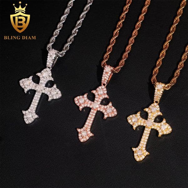 Fashion Jewelry 925 Sterling Silver Gold Plated Moissanite Cross Custom Hip Hop Iced Out Pendant Necklace Men