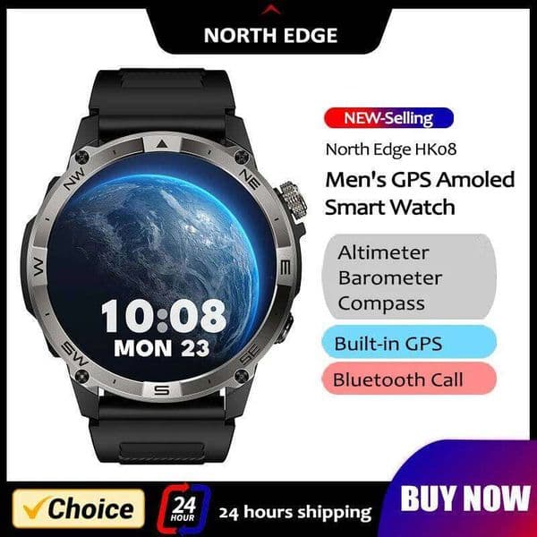 NORTH EDGE GPS Sports Smart Amoled Display AOD Mens Watch Bluetooth Call Altitude Barometer Compass IP Waterproof