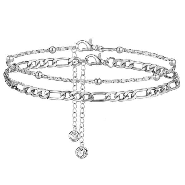2Pcs Stainless Steel Anklet Set For Women Silver Color Ankle Bracelet Cuban Link Chain On Leg Foot Female Summer Beach Jewelry 250905BJ