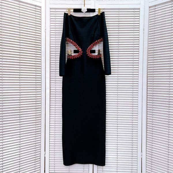 801 2025 Milan Runway Dress Autumn Long Sleeve Beads Black Brand Same Style Womens Dress Fashion High Quality 20240825