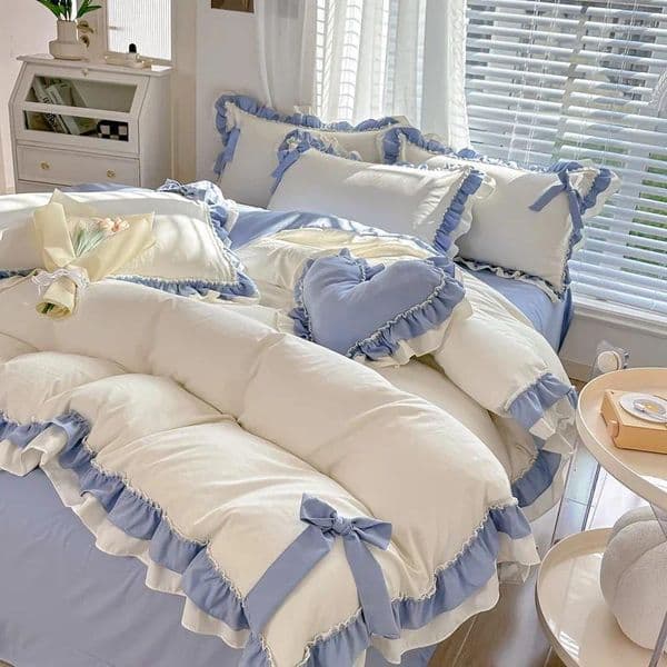 Bedding Sets Korean Princess Style Set Girl Heart Solid Color Double Bed Sheets Washed Cotton Ruffled Cover Skirt Sheet Quilt