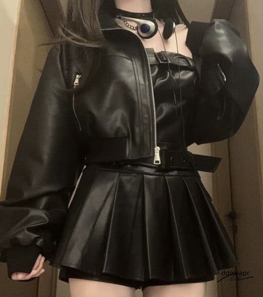 Denim And Skirt Y2k Pu ddmydec Leather Patchwork Black Skiing Set Haruku Gothic Sexy Zipper Mini Jacket ddmydec ddmydec ddmydec