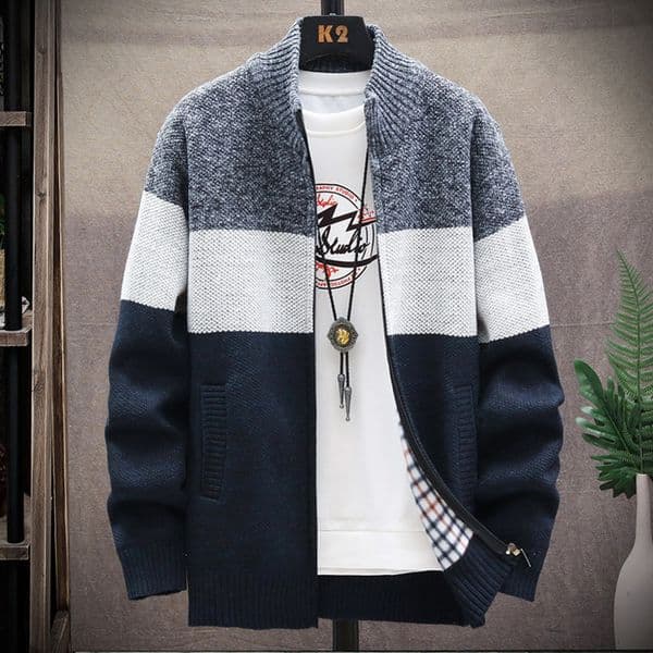 Autumn Winter Cardigan Sweater Men Fleece Zipper Sweaters Velvet Contrast Striped Coats Casual Jackets 250905