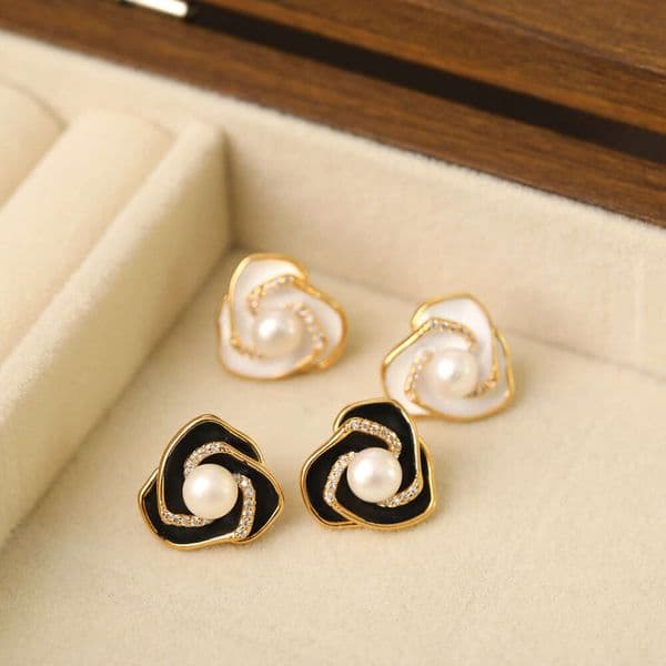 DHpet Korean - Style Metal Enamel Glaze Camellia Pearl Stud Earrings for Women