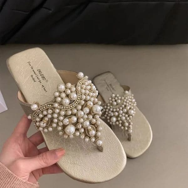 Womens Flat Sandals Summer Round Toe Pearl Flipflops Lightweight Nonslip Beach Shoes 250905BJ