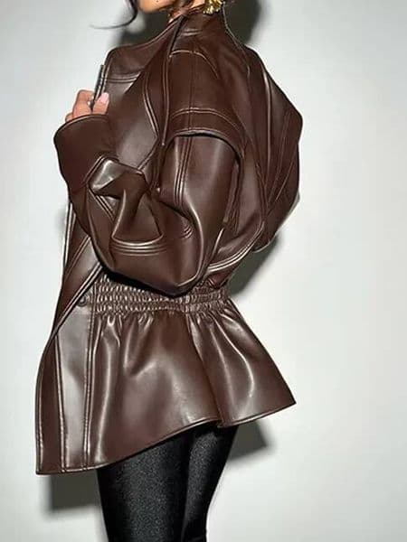 Fashion Solid Faux Leather Jacket Women Turn-Down Collar Zipper Front Puffy Sleeves Stylish Coat Female Winter Outerwear High-Quality