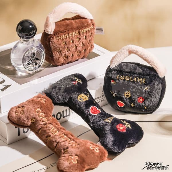 Exquisite Embroidery Chewy Bone, Handbag, Plush Funny Parody Dog Toys With Interactive Squeaker, Stimulating Pet Enrichment, Safe Materials For All Breeds