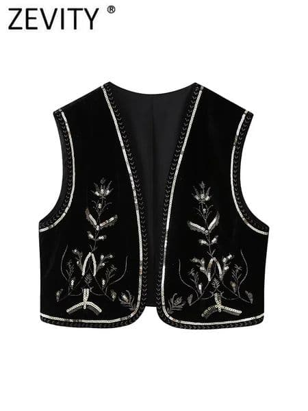 Zevity Women National Style Sleeveless Sequined Embroidery Velvet Vest Jacket Ladies Retro Cardigan WaistCoat Tops CT7158 250906BJ