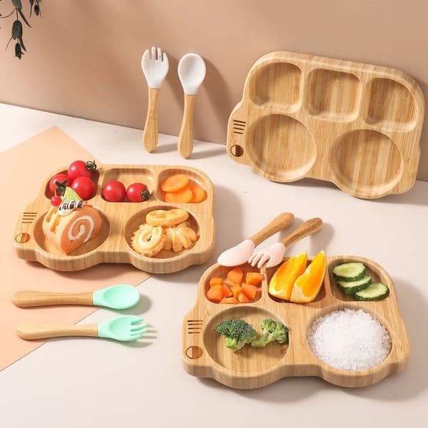 Baby Silicone Sucker Plate Spoon Fork Sets Children Feeding Tableware Set BPA Free Wooden Food Grade Dinner Plate Baby Stuff 250905BJ