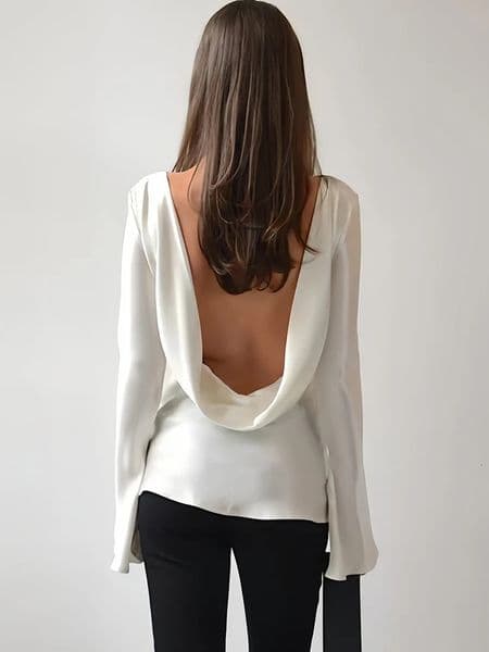 Oniflyme Flare Sleeve Backless Satin Tshirt Women Fashion Solid Round Neck Slim Tee Top Female Autumn Streetwear Bascis T Shirt 250906BJ