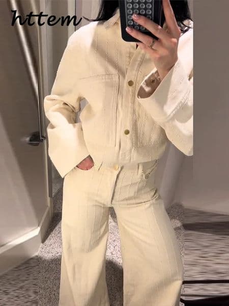 Loose Denim Jacket Pants Sets Women Lapel Full Sleeve Single Breasted Top High Waist Wide Leg Jeans 2025 Spring Lady Casual Suit 250906