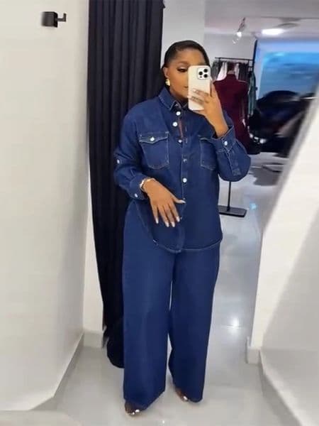 Womens Denim Trouser Suits Turndown Collar Single Breasted Coat Empire Straight Pants Casual Allmatch Long Pant Two Piece Set 250906