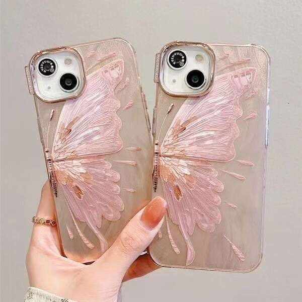 DHelectronics New Ins Electroplated Pink Butterfly iPhone 14 Premium 15 Pro Max Phone Case 12 Apple 13P for Women