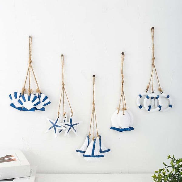 DHEssentials Mediterranean-Style Wooden Hanging Ornaments, 6 Styles (3pcs ), Home Wall Decor, Fish Net Decoration, Commercial Space Use