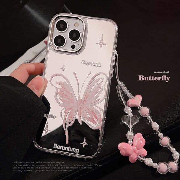 DHgargets Mirror Surface Compatible with Apple 15 Pro Max Phone Case Pink Butterfly Lanyard iPhone 13 Oil Painting 14 Gentle 16