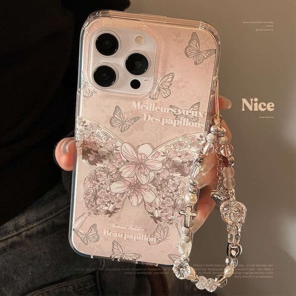 DHgargets Double Layer Dreamy Rose Butterfly iPhone 15 Chain 13 Pro Max Compatible 16 Apple 14 Phone Case 11 Fairy