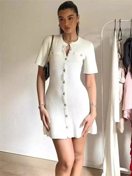 White Knit Mini Dress Womens Fashion Short Sleeve Patchwork Pocket Loose Elegant Knitwear for Women Solid Color 250906