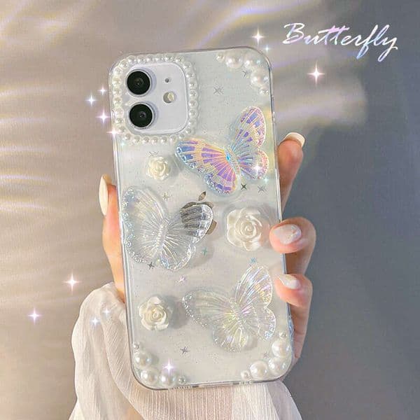 DHgargets French Style 3D Butterfly iPhone 14 Case 13 Apple 16 Pro Max Epoxy 11 Glitter 15 Compatible