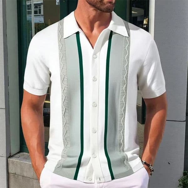 Mens Summer Business Knit Short Sleeve Polo Shirts Streetwear Buttondown Breathable Striped Fashion Light Retro Shirts 250906BJ