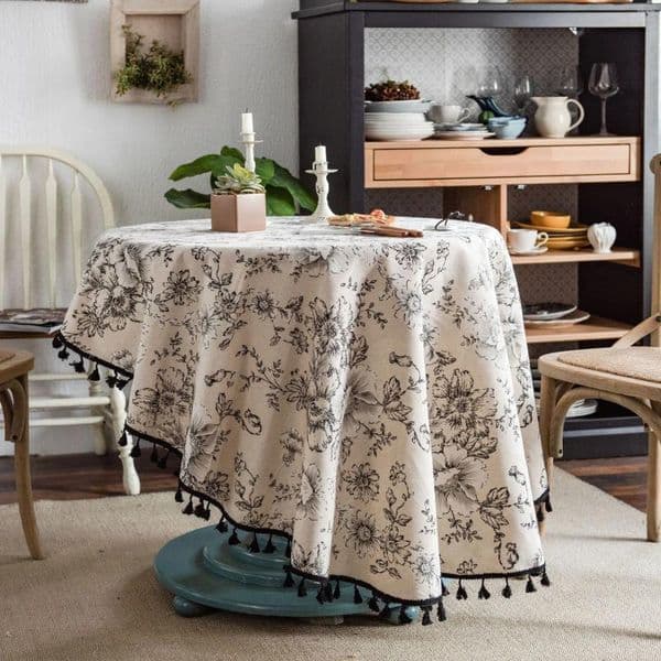 Table Cloth Cotton Linen Floral Round Tablecloth With Tassels Washable For Restaurant Picnic Indoor Cover Home Decoration