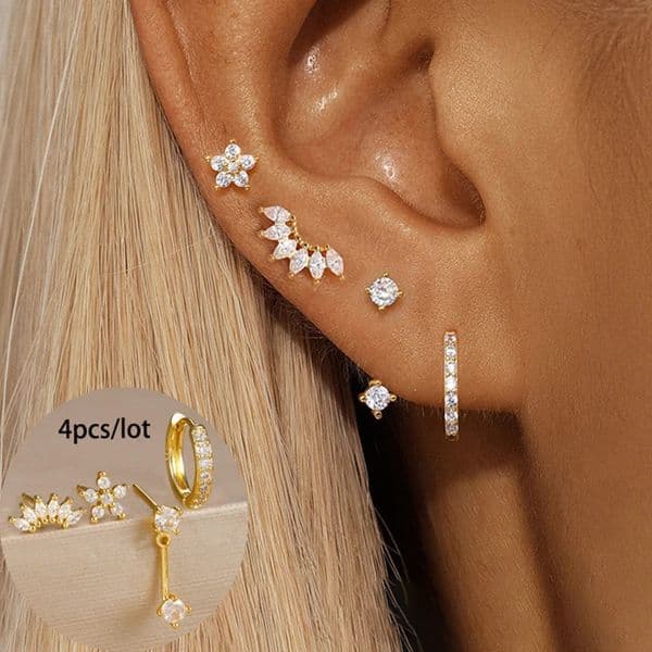 4PCS Stainless Steel Circle Huggie Hoop Earrings Set for Women Gold Color Unique Zircon Flower Stud Earring Piercing Jewelry 250908BJ