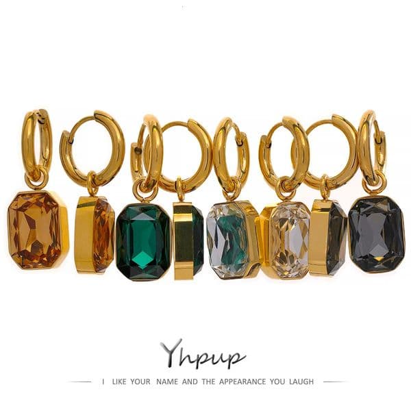 Yhpup Stainless Steel Cubic Zirconia Drop Dangle Charms Trendy Earrings 18kgoldplated Green Square Geometric Earring Jewelry 250908BJ