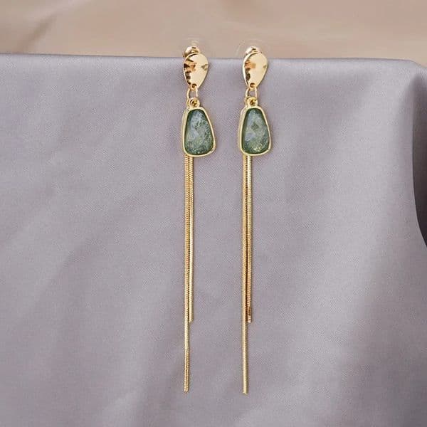 Vintage Green Crystal Long Tassel Earrings for Women Femme Gold Color Alloy Chain Geometric Drop Dangle Party Jewelry 250908BJ